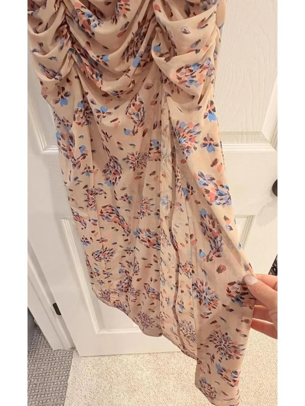 NEW! Free People Briella Ruched Midi Dress‎ Floral Tea Combo Puff Sleeve Size XS